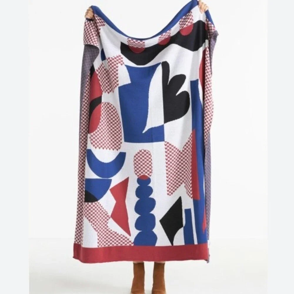 Anthropologie Geometric Knit Throw in Blue, Red, Black, White